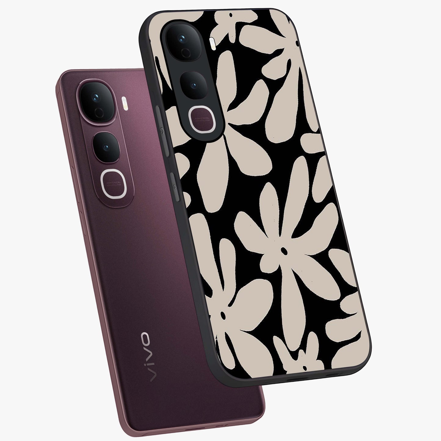 Monochrome Petal Dance Glass Case displayed in angled mockup highlighting elegant petal design with black and white aesthetic.