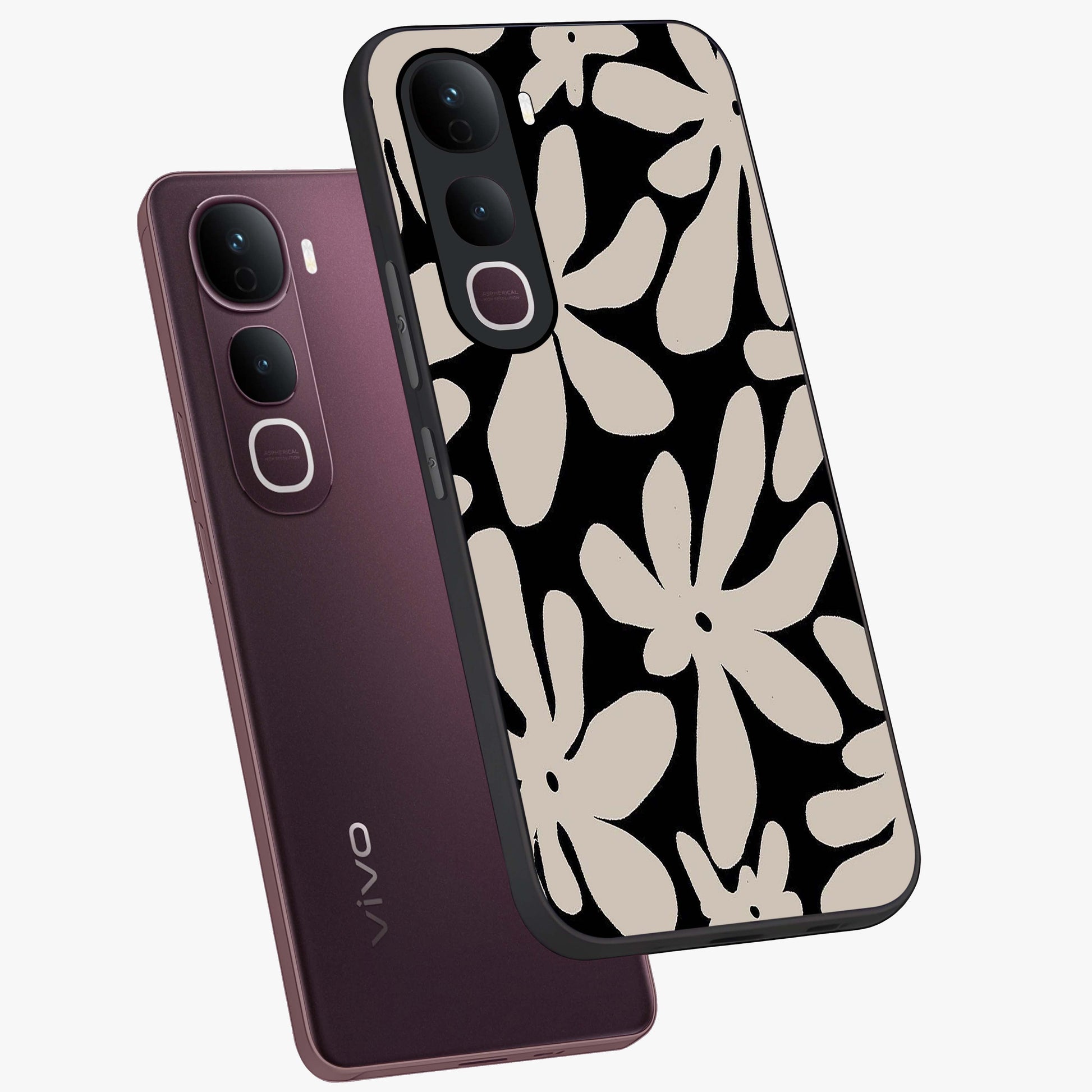 Monochrome Petal Dance Glass Case displayed in angled mockup highlighting elegant petal design with black and white aesthetic.