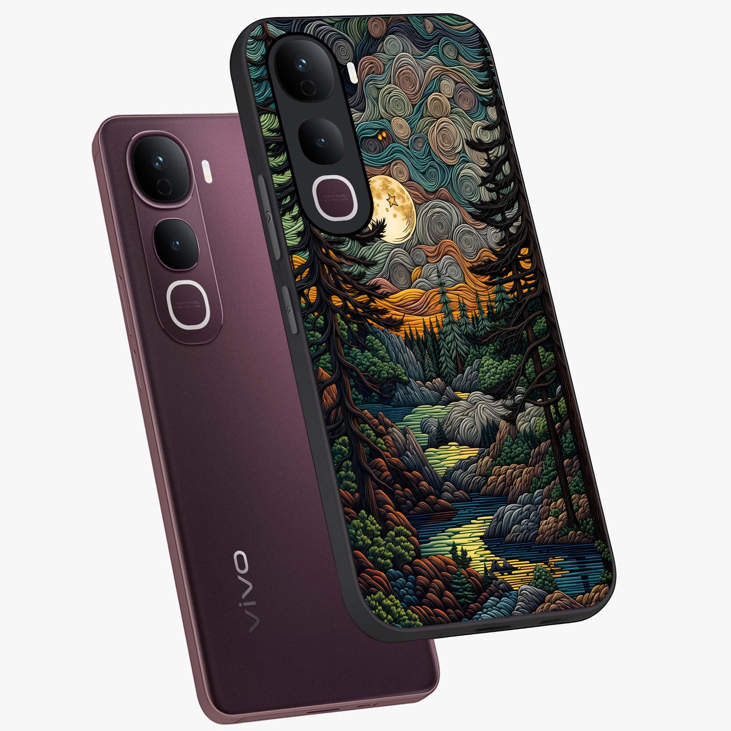 Moonlight Forest Dream Glass Case displayed in angled mockup highlighting dreamy forest design with glowing moon aesthetic.