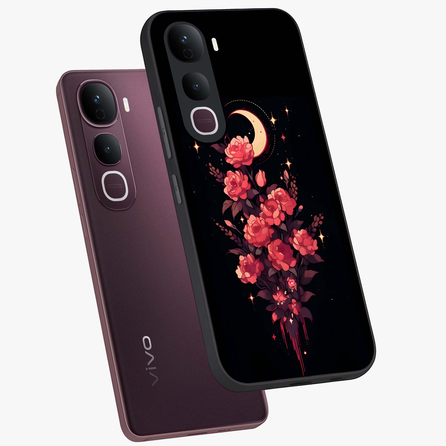 Moonlit Floral Elegance Glass Case displayed in angled mockup highlighting graceful flower design with soft moonlight aesthetic.