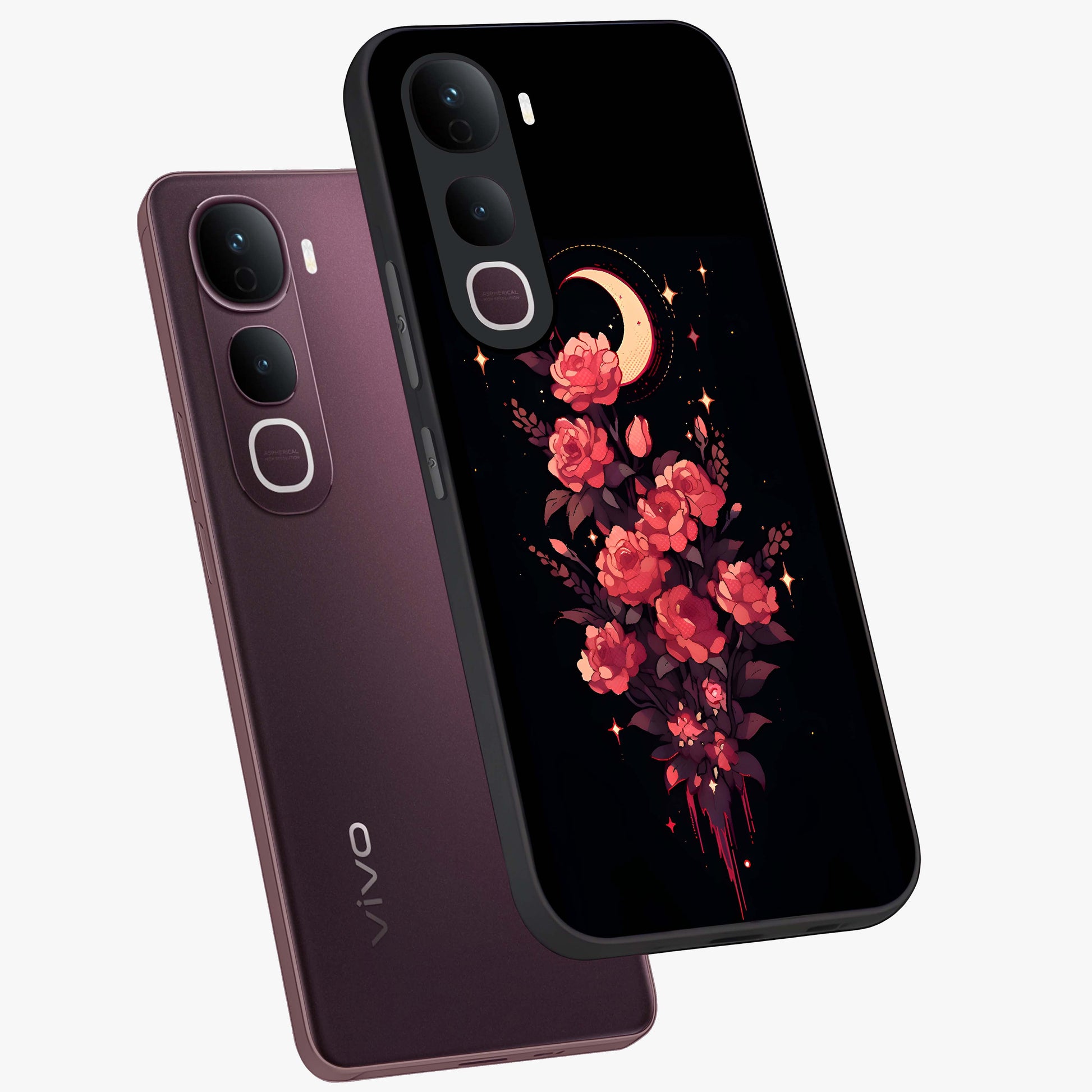 Moonlit Floral Elegance Glass Case displayed in angled mockup highlighting graceful flower design with soft moonlight aesthetic.