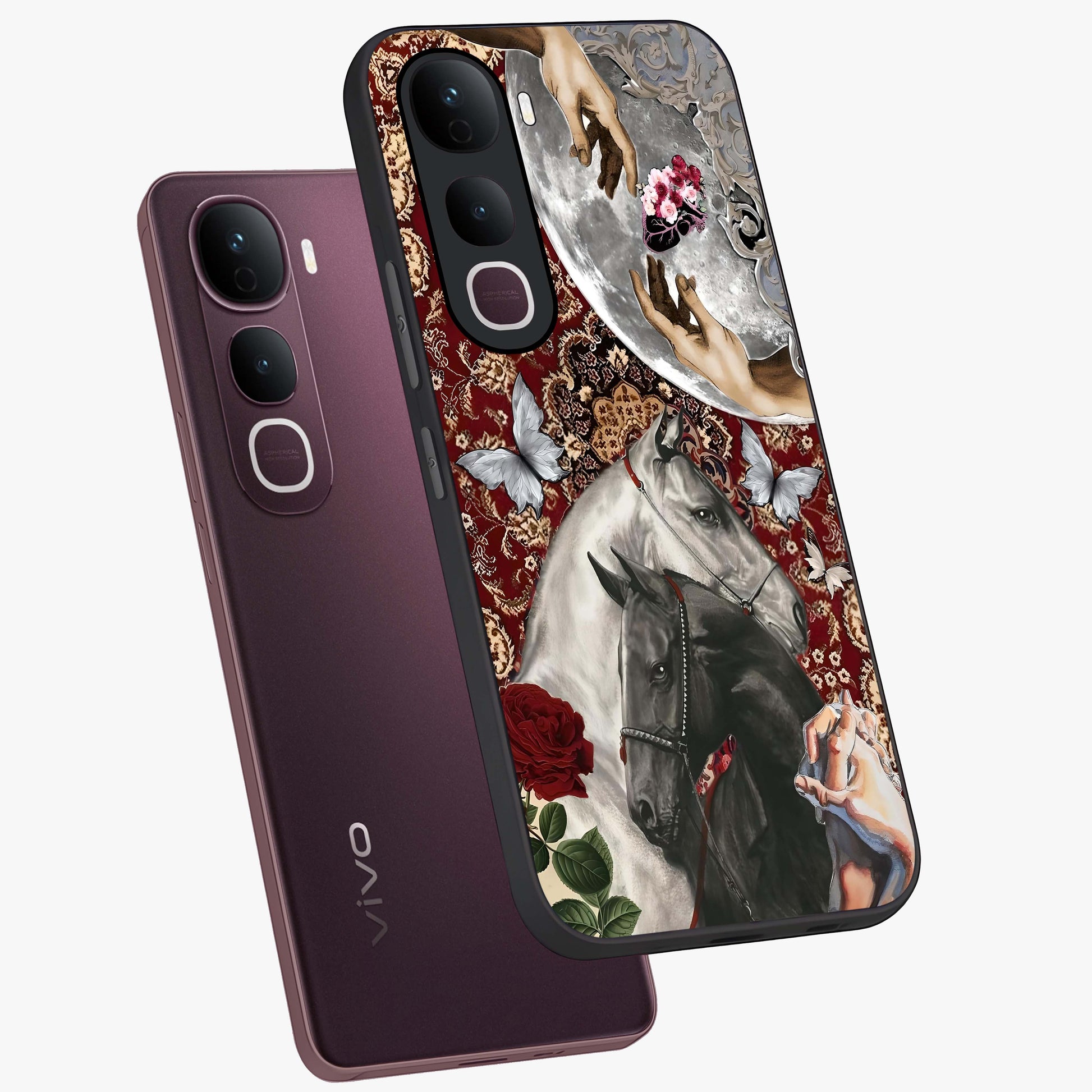 Moonlit Royal Stallion Glass Case displayed in angled mockup highlighting powerful stallion illustration with royal night aesthetic.