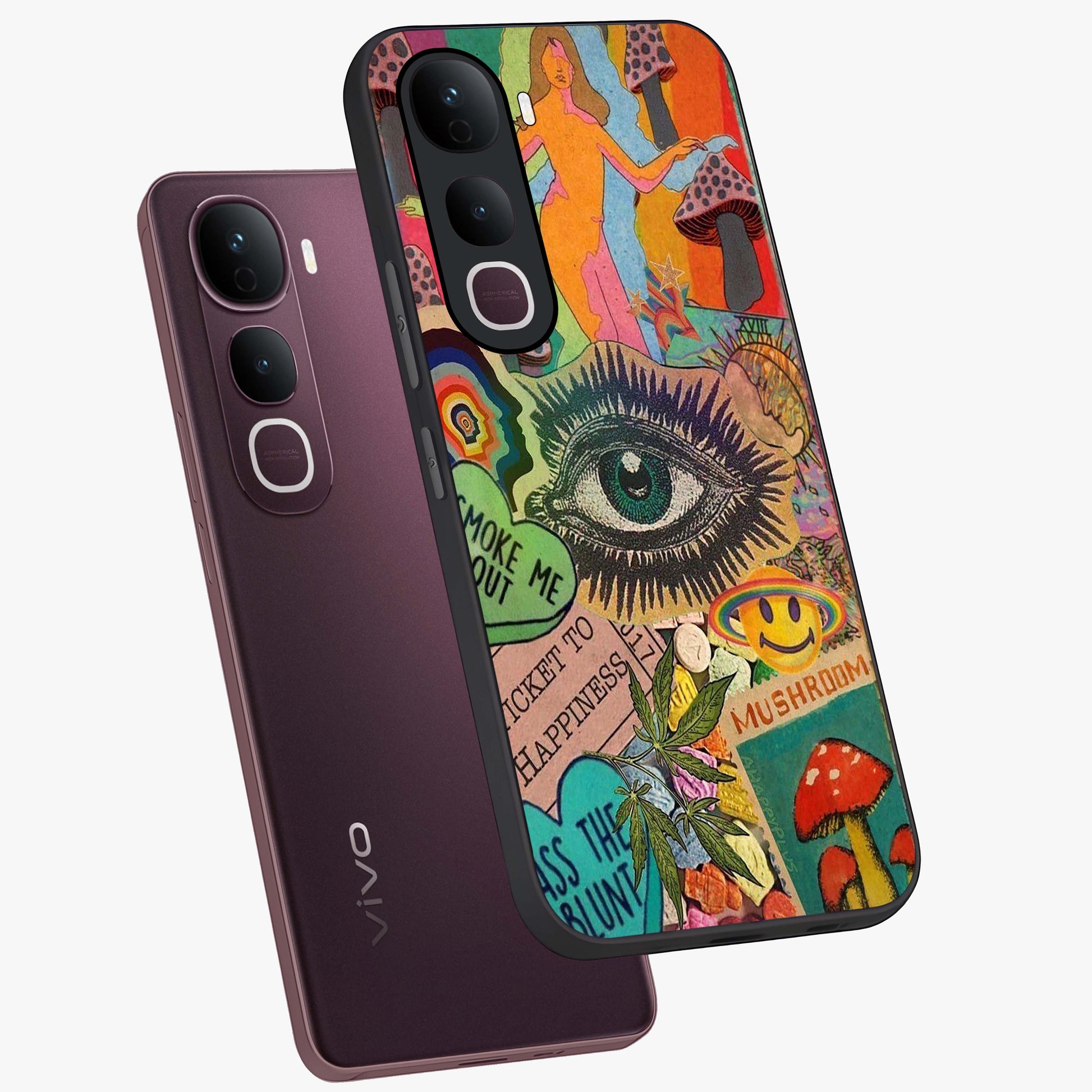 Mystic Eye Wonderland Glass Case displayed in angled mockup highlighting magical eye illustration with dreamy aesthetic.