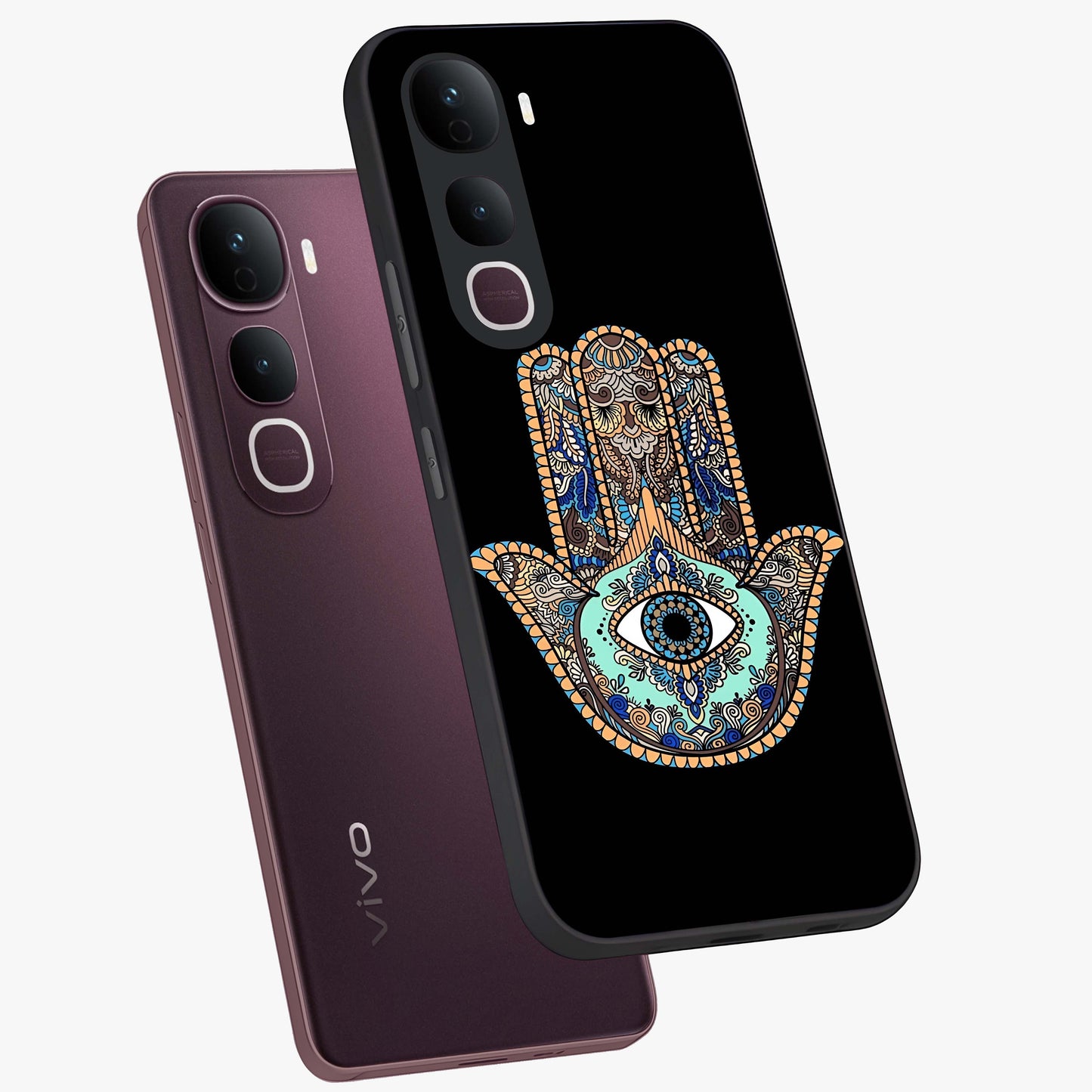 Mystic Hamsa Eye Glass Case displayed in angled mockup highlighting spiritual hamsa symbol with mystical aesthetic style.