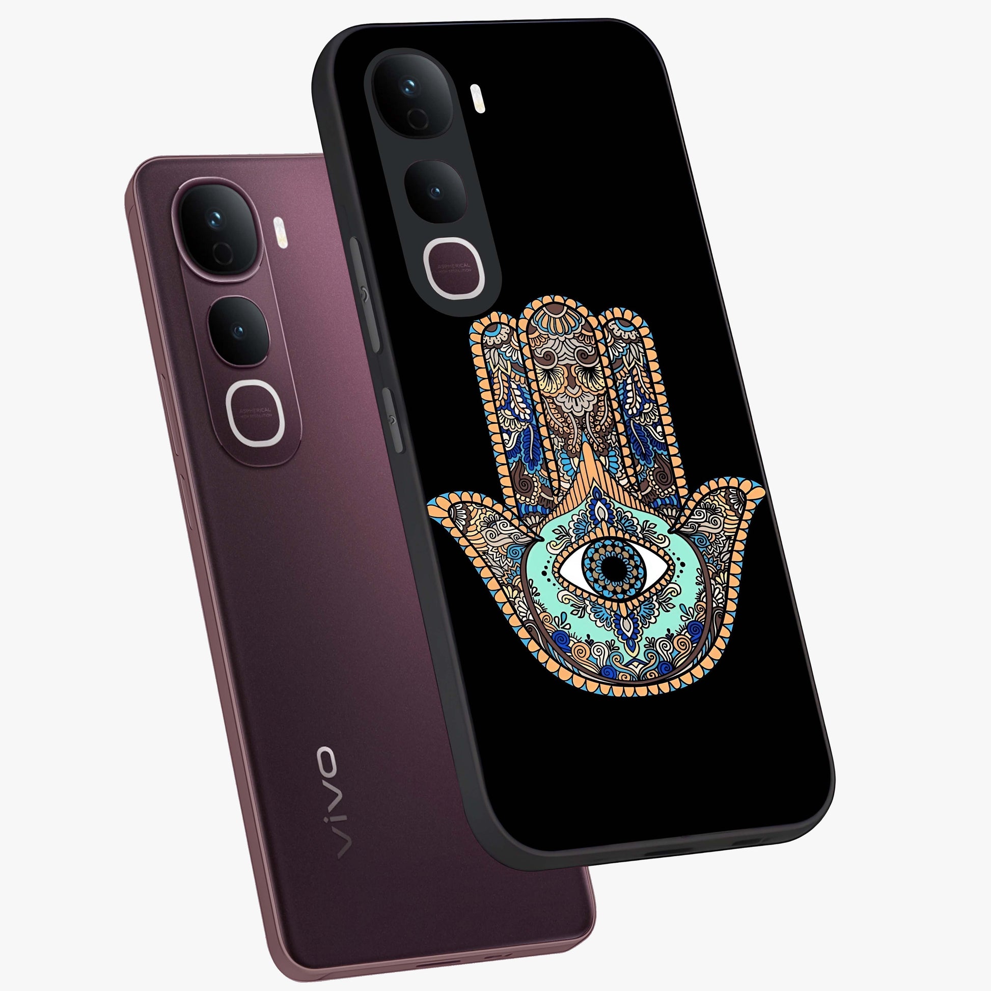 Mystic Hamsa Eye Glass Case displayed in angled mockup highlighting spiritual hamsa symbol with mystical aesthetic style.