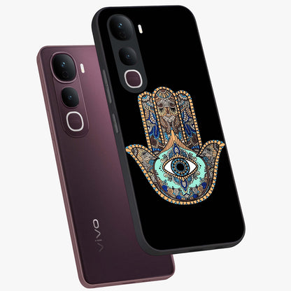 Mystic Hamsa Eye Glass Case displayed in angled mockup highlighting spiritual hamsa symbol with mystical aesthetic style.