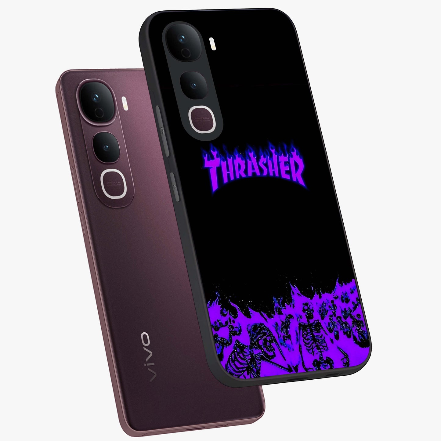 Neon Flame Riot Glass Case displayed in angled mockup highlighting glowing flame design with vibrant neon aesthetic.