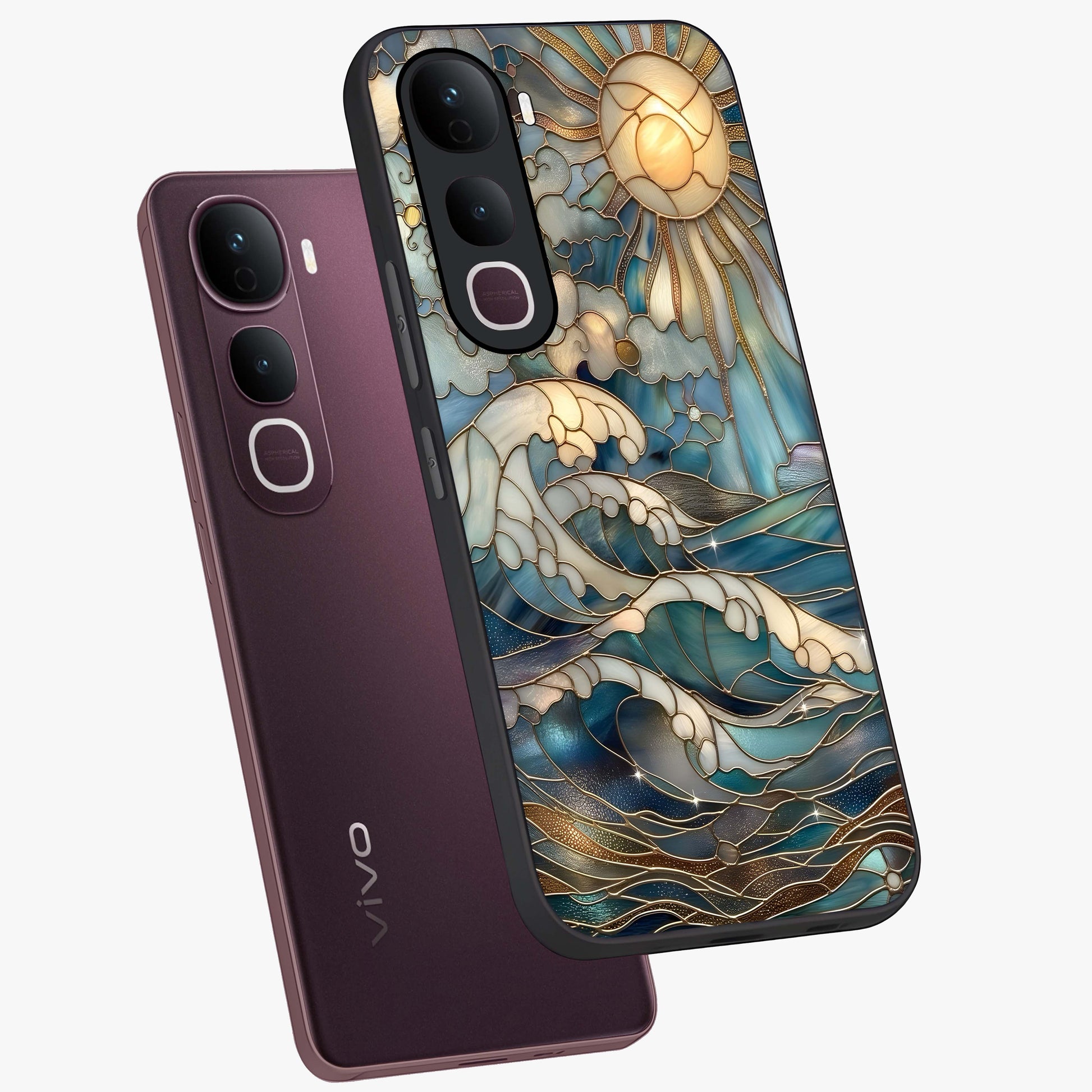 Oceanic Stained Printed Glass Case displayed in angled mockup highlighting colorful aquatic design with artistic aesthetic style.