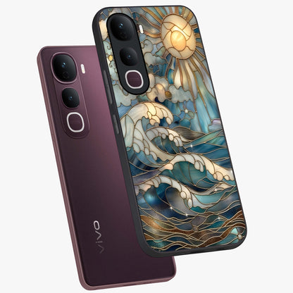 Oceanic Stained Printed Glass Case displayed in angled mockup highlighting colorful aquatic design with artistic aesthetic style.