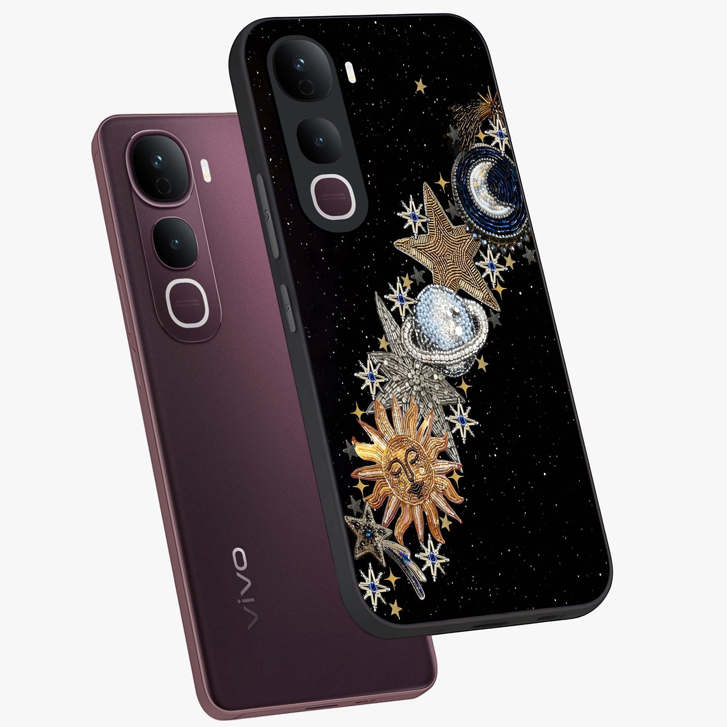 Pearls Universe Object Glass Case displayed in angled mockup highlighting celestial pearl design with dreamy aesthetic.