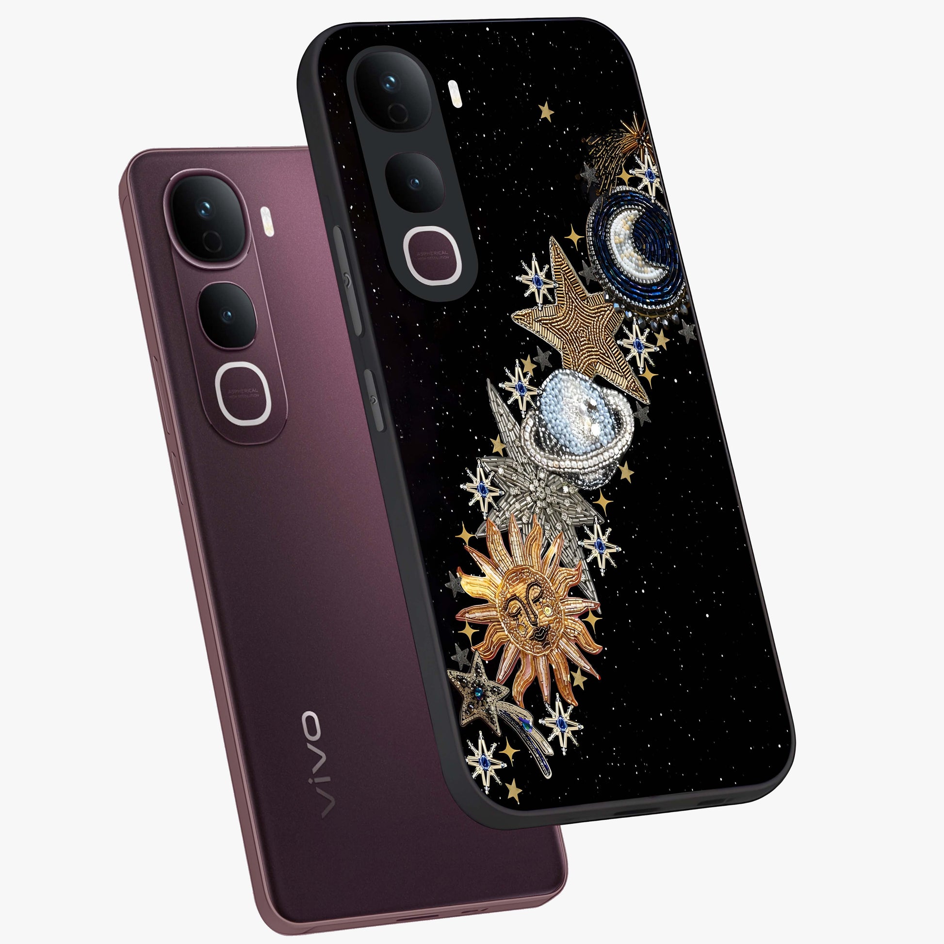 Pearls Universe Object Glass Case displayed in angled mockup highlighting celestial pearl design with dreamy aesthetic.
