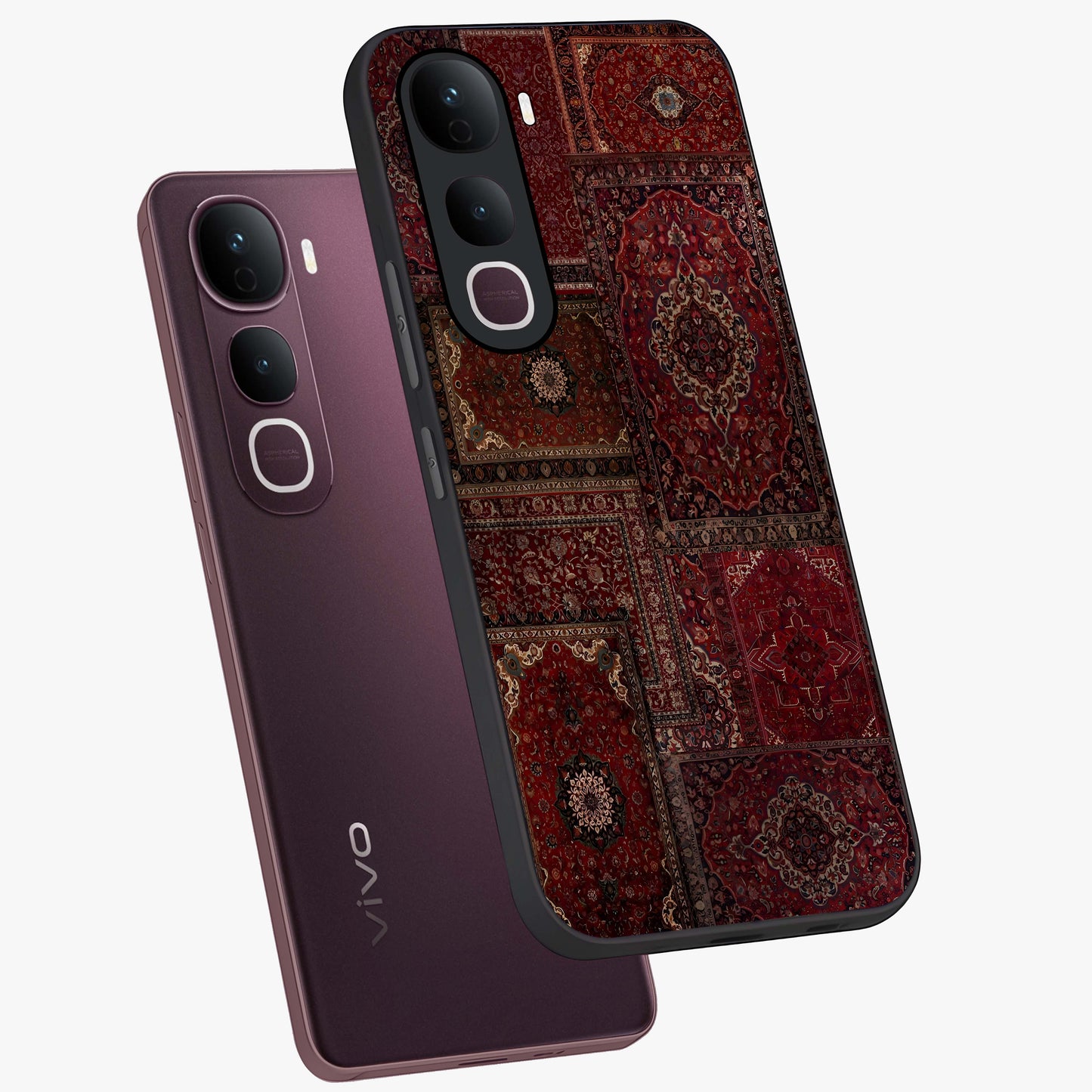 Persian Velvet Tale Glass Case displayed in angled mockup highlighting ornate textile inspired design with royal aesthetic.
