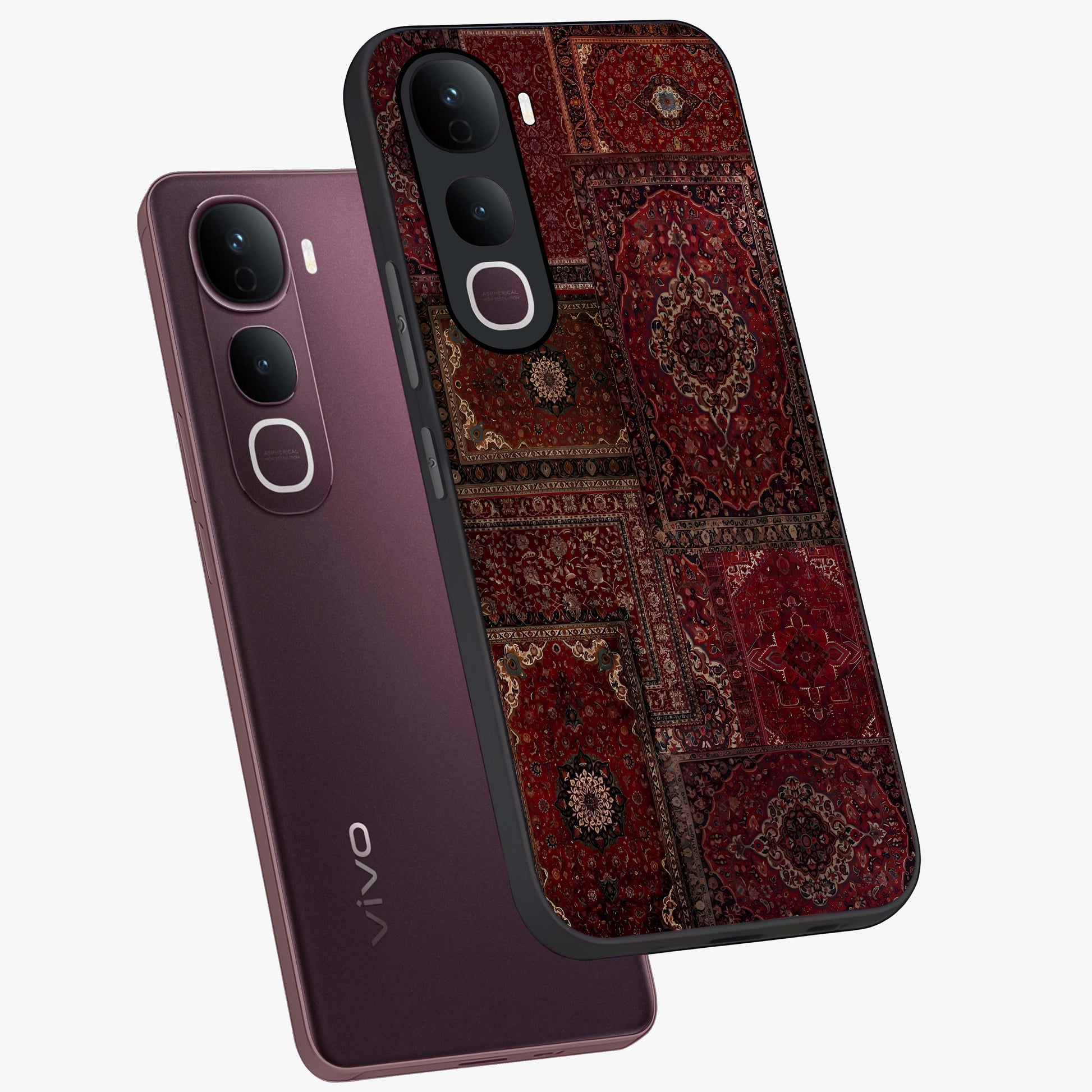 Persian Velvet Tale Glass Case displayed in angled mockup highlighting ornate textile inspired design with royal aesthetic.