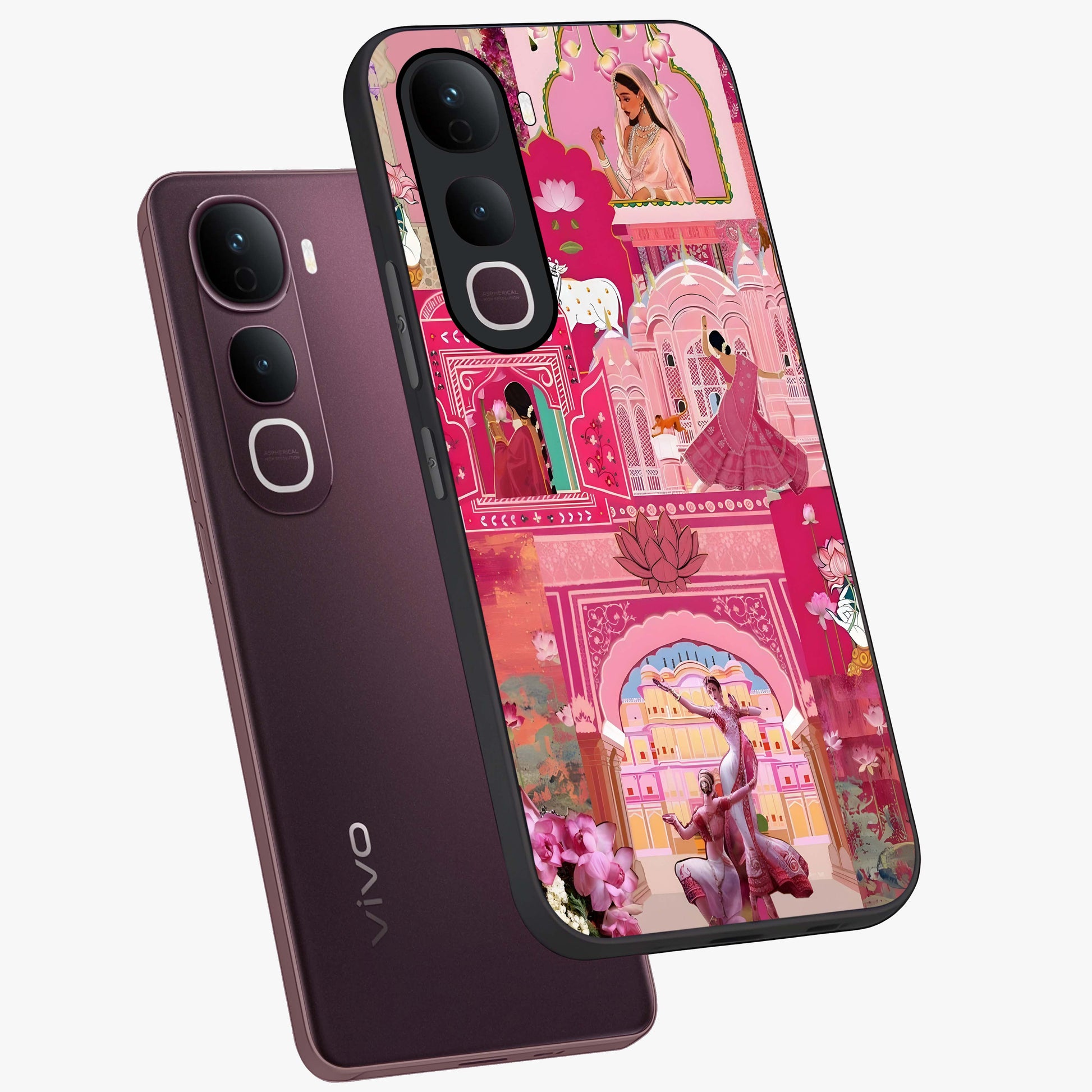 Pink Palace Muse Glass Case displayed in angled mockup highlighting dreamy palace illustration with soft pink aesthetic.