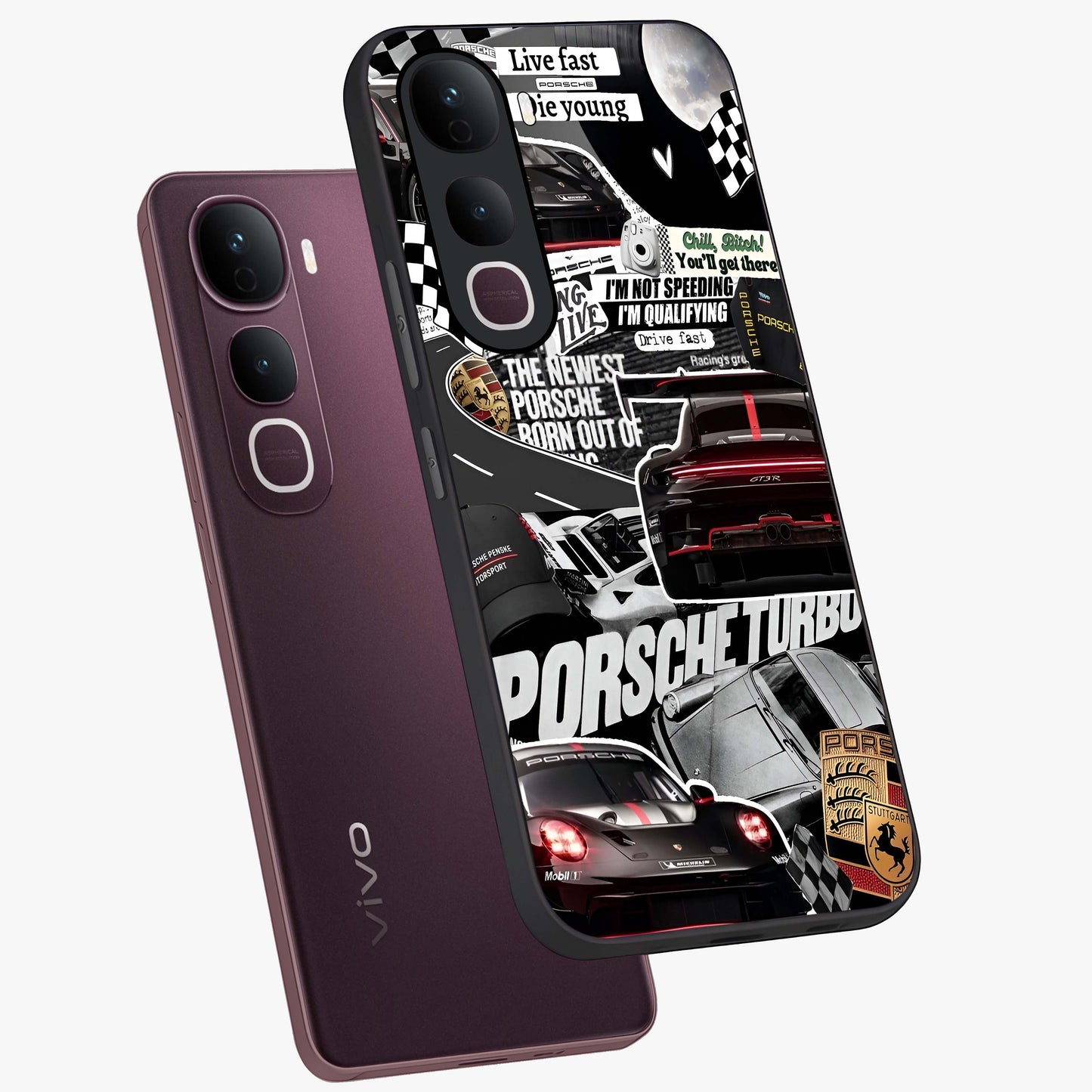 Porsche Racing Collage Glass Case displayed in angled mockup highlighting dynamic automotive design with bold racing aesthetic.
