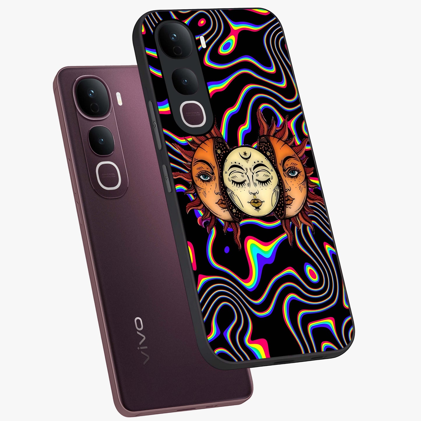 Psychedelic Sun Glass Case displayed in angled mockup highlighting vibrant abstract sun design with artistic aesthetic style.