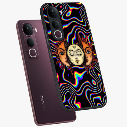 Psychedelic Sun Glass Case displayed in angled mockup highlighting vibrant abstract sun design with artistic aesthetic style.