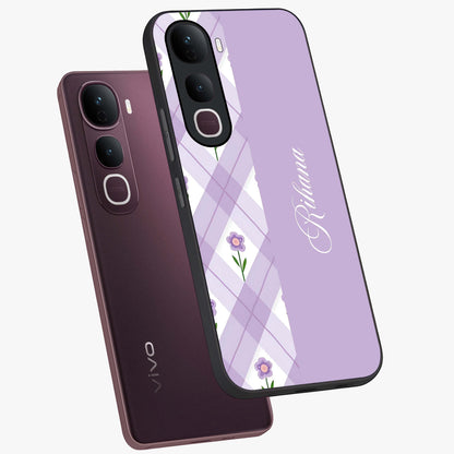 Purple Diamond Floral Glass Case displayed in angled mockup highlighting elegant purple flower design with decorative pattern.