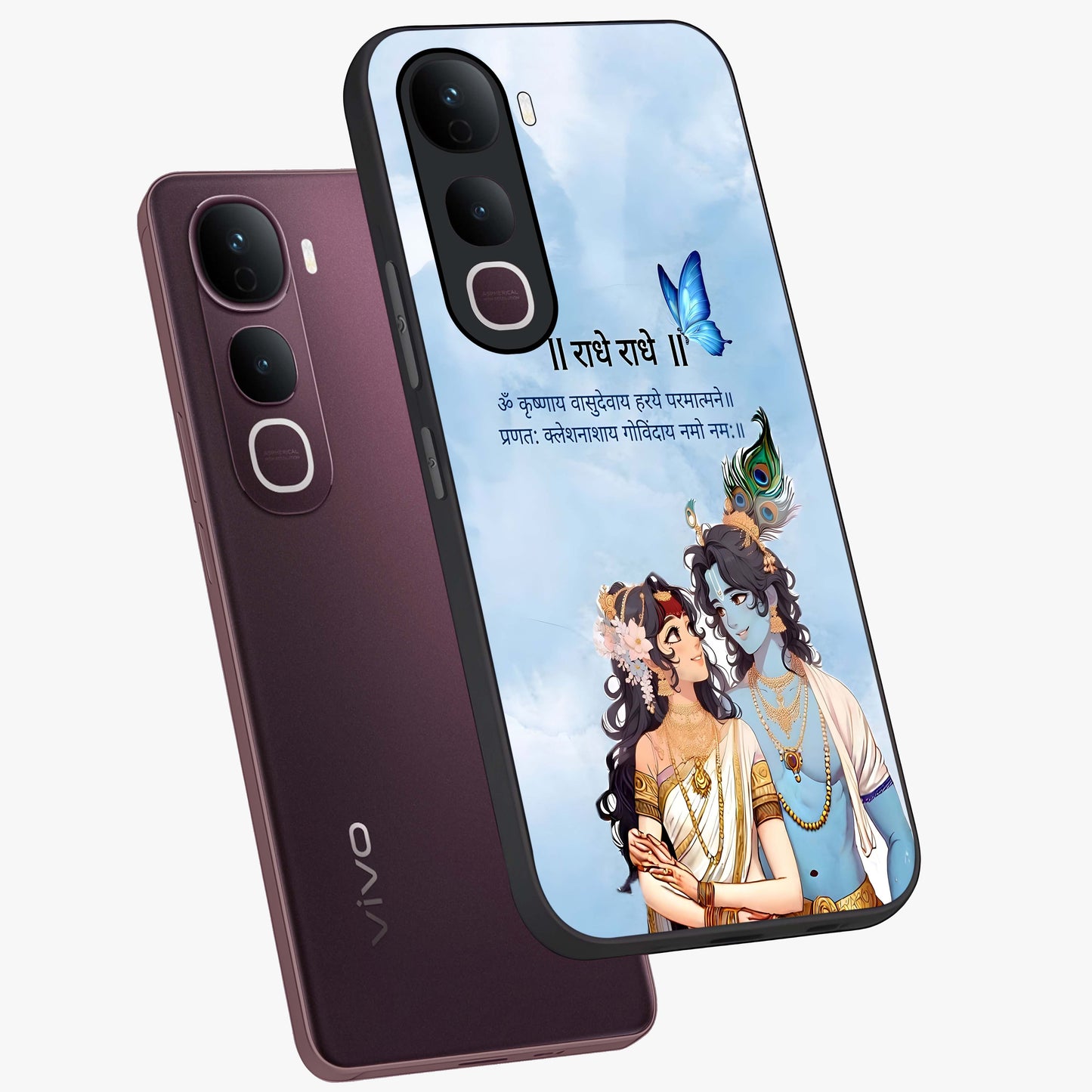 Radha Krishna Eternal Glass Case displayed in angled mockup highlighting divine Radha Krishna illustration with spiritual aesthetic.