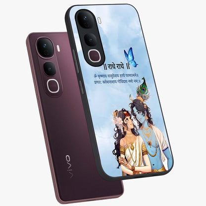Radha Krishna Eternal Glass Case displayed in angled mockup highlighting divine Radha Krishna illustration with spiritual aesthetic.