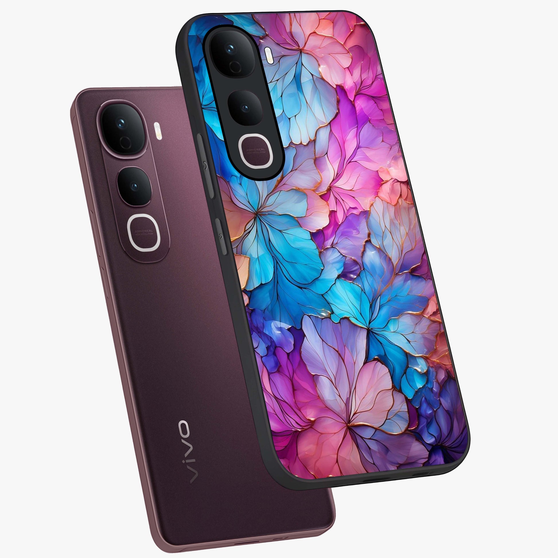 Radiant Floral Whirl Glass Case displayed in angled mockup highlighting vibrant flower pattern with dynamic artistic aesthetic.