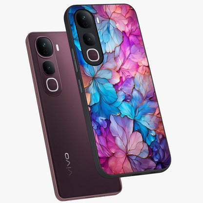 Radiant Floral Whirl Glass Case displayed in angled mockup highlighting vibrant flower pattern with dynamic artistic aesthetic.
