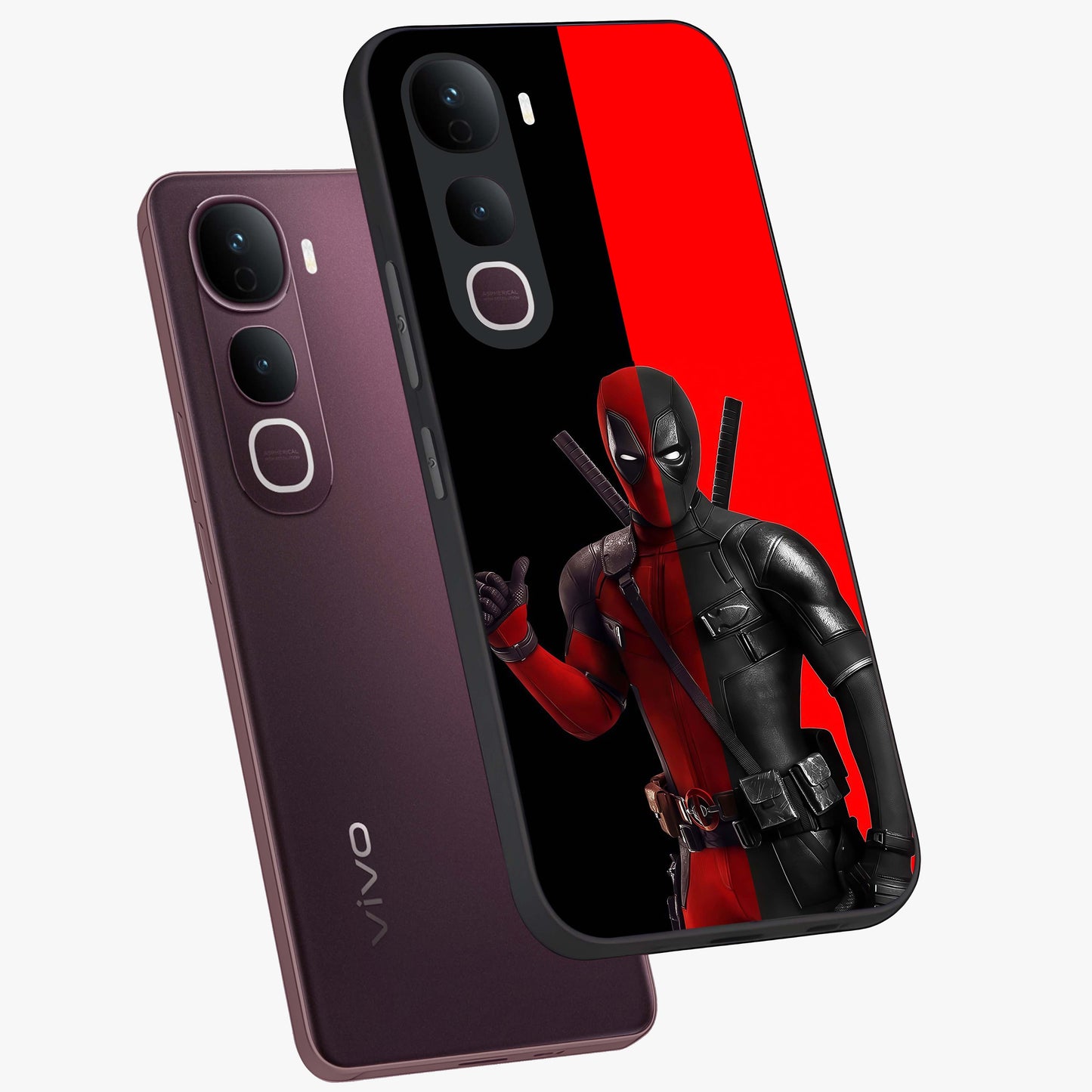 Red & Black Deadpool Theme Glass Case displayed in angled mockup highlighting vibrant superhero style illustration with action aesthetic.
