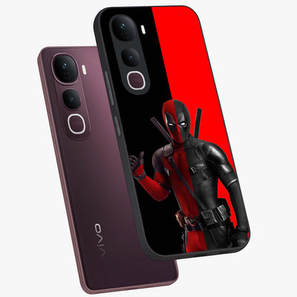 Red & Black Deadpool Theme Glass Case displayed in angled mockup highlighting vibrant superhero style illustration with action aesthetic.