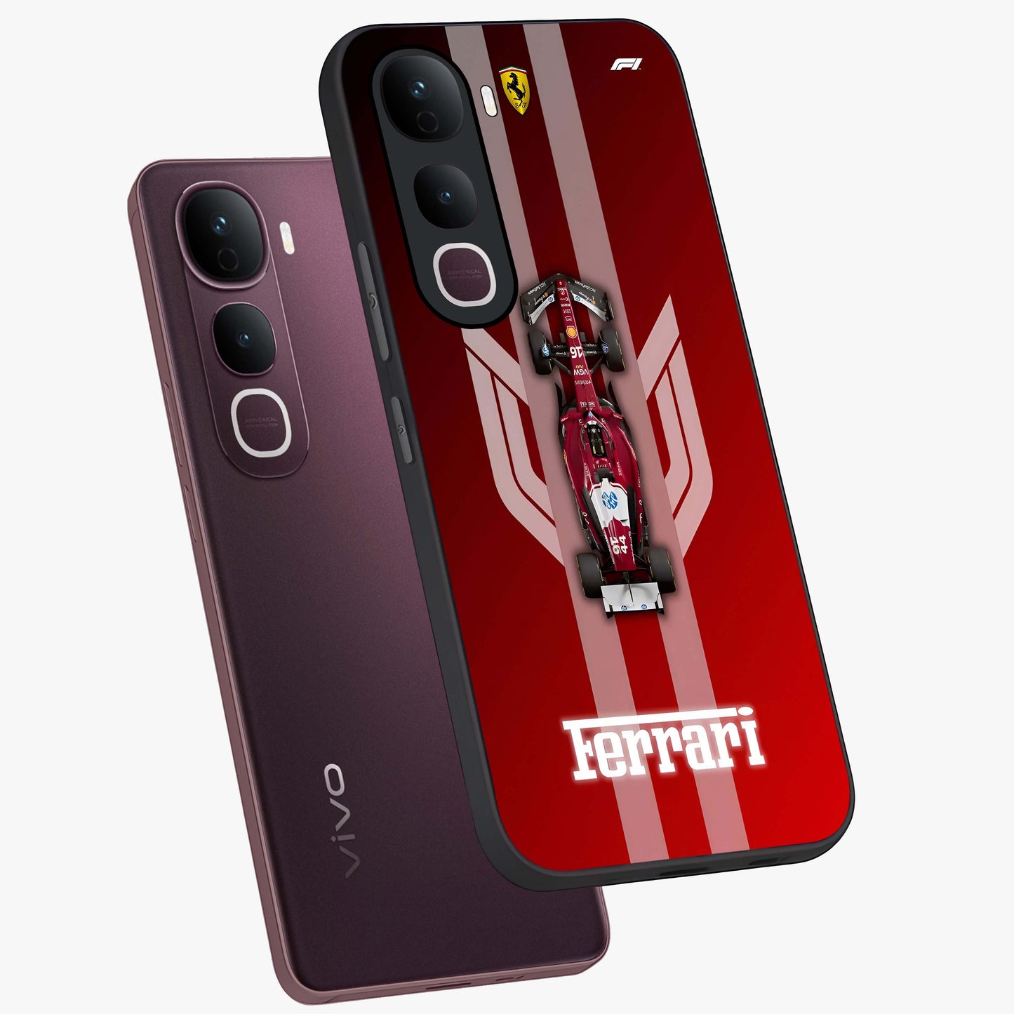 Red Ferrari F1 Vertical Glass Case displayed in angled mockup highlighting high speed racing design with bold automotive aesthetic.