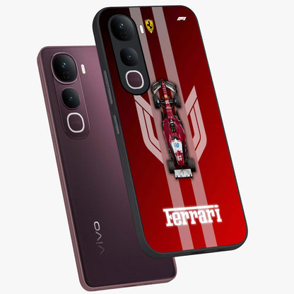 Red Ferrari F1 Vertical Glass Case displayed in angled mockup highlighting high speed racing design with bold automotive aesthetic.
