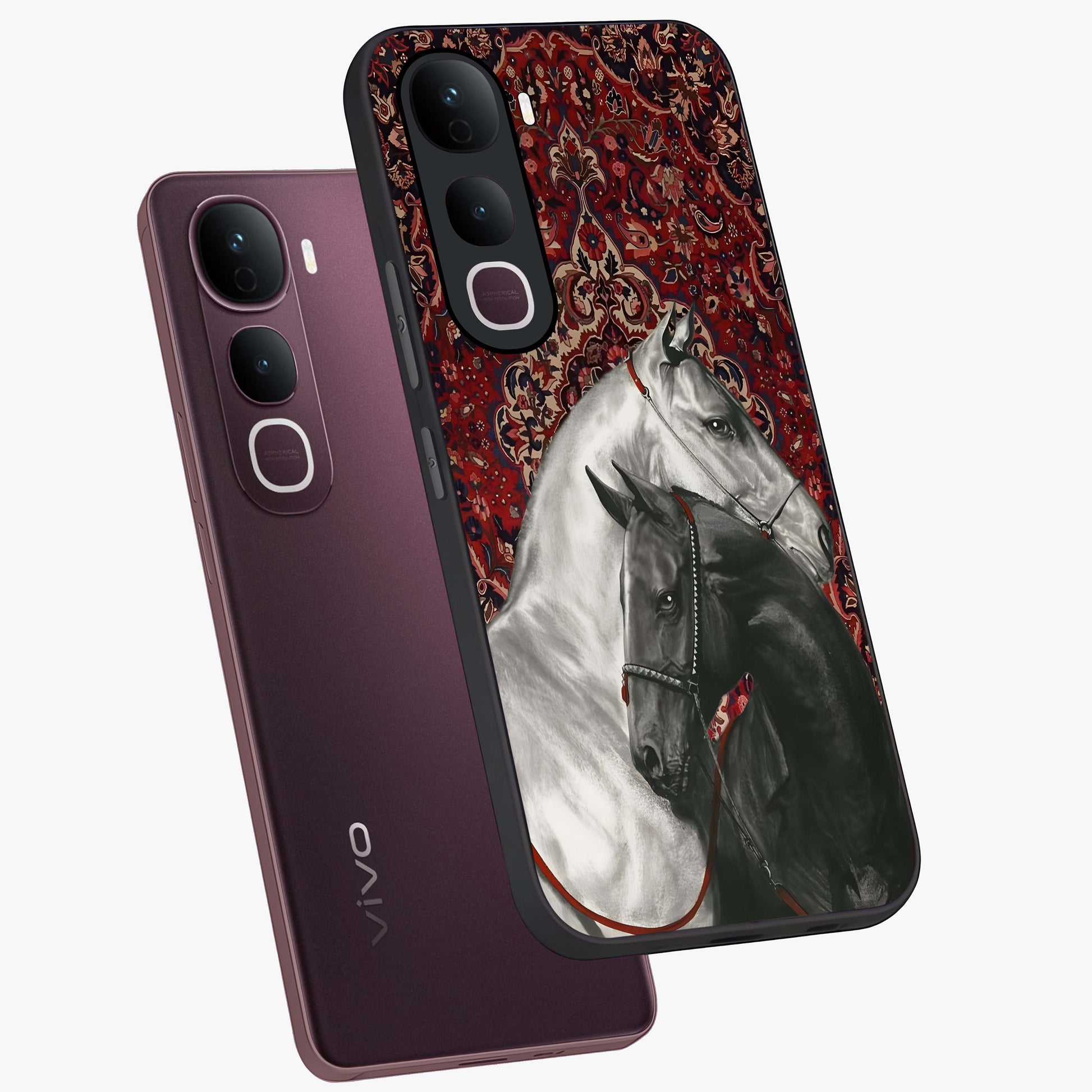 Regal Stallion Tapestry Glass Case displayed in angled mockup highlighting royal stallion design with decorative heritage aesthetic.