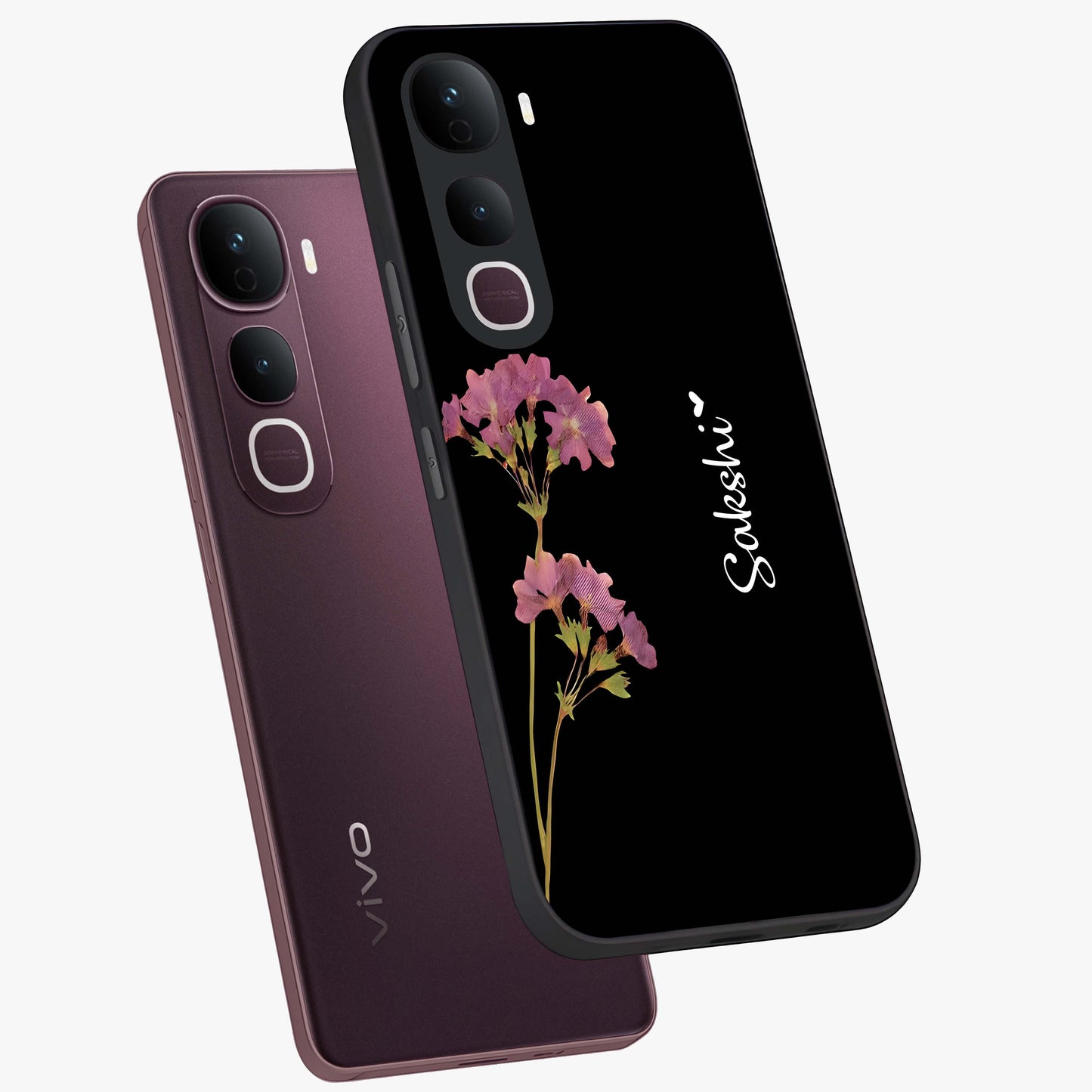 Riching Lavender Flower Custom Name Glass Case displayed in angled mockup highlighting delicate lavender flower design with custom name feature.