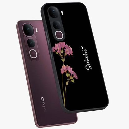 Riching Lavender Flower Custom Name Glass Case displayed in angled mockup highlighting delicate lavender flower design with custom name feature.