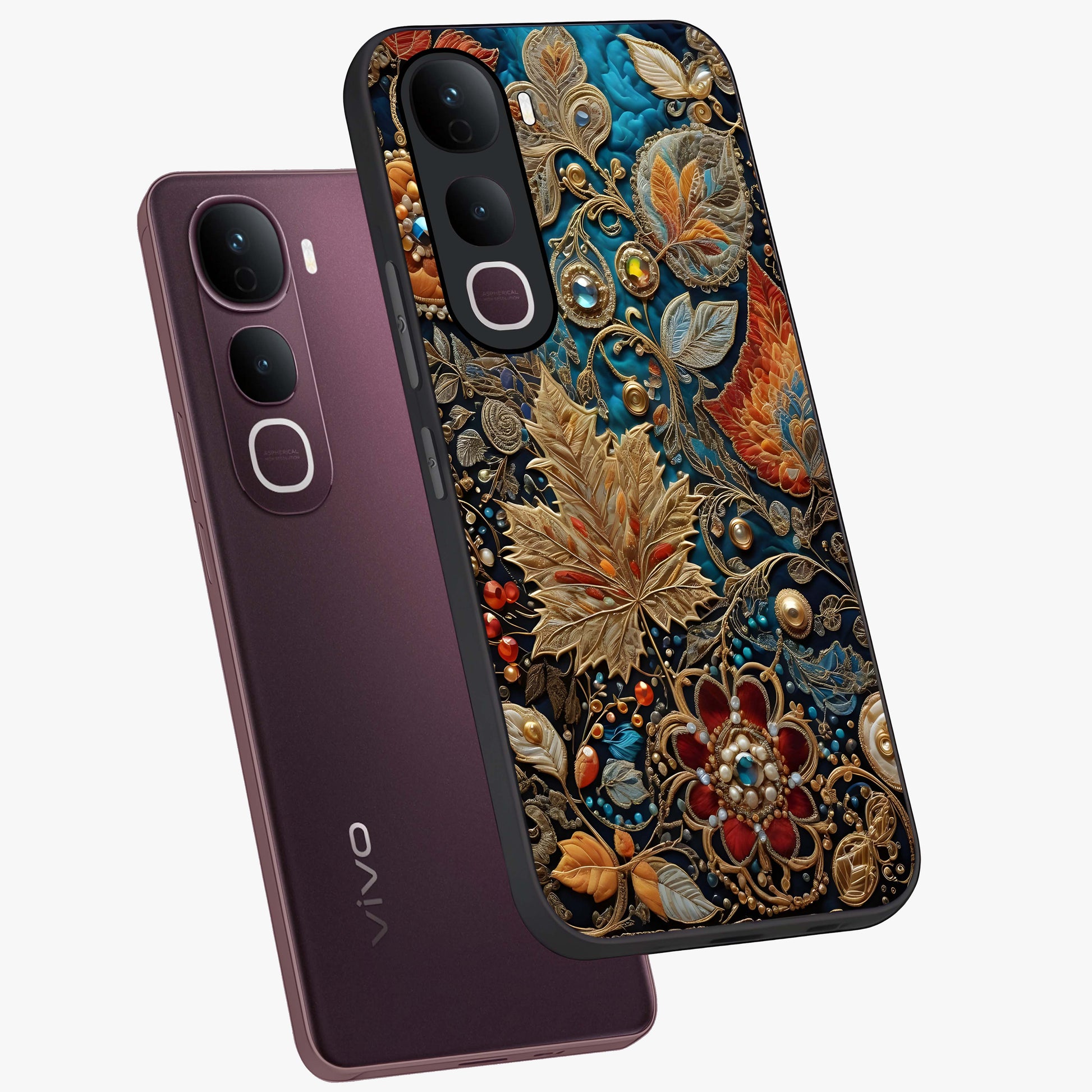 Royal Jewel Garden Glass Case displayed in angled mockup highlighting vibrant jewel inspired floral design with elegant aesthetic.