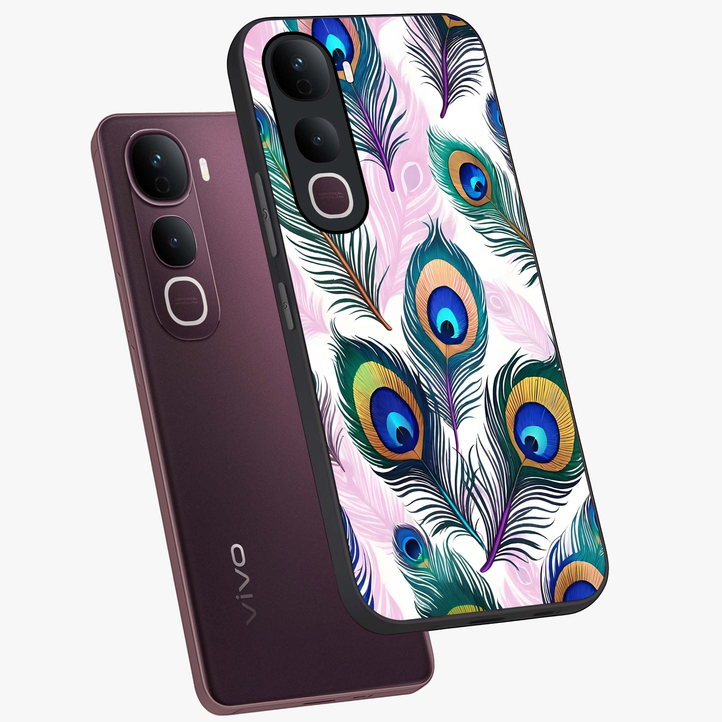 Royal Peacock Feathers Glass Case displayed in angled mockup highlighting vibrant feather pattern with regal aesthetic style.