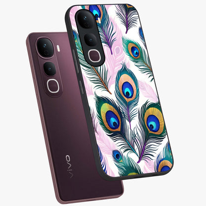 Royal Peacock Feathers Glass Case displayed in angled mockup highlighting vibrant feather pattern with regal aesthetic style.
