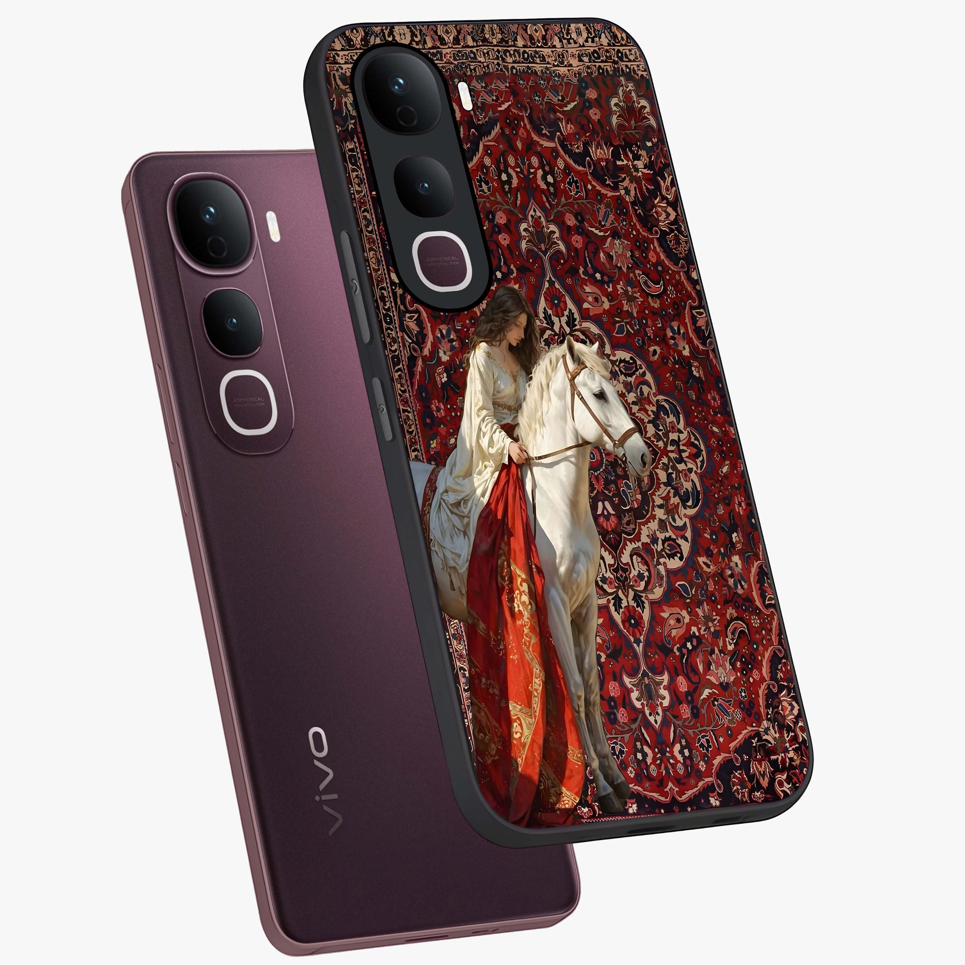 Royal Rider Tapestry Glass Case displayed in angled mockup highlighting traditional tapestry design with royal heritage aesthetic.