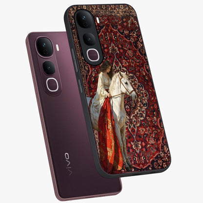 Royal Rider Tapestry Glass Case displayed in angled mockup highlighting traditional tapestry design with royal heritage aesthetic.