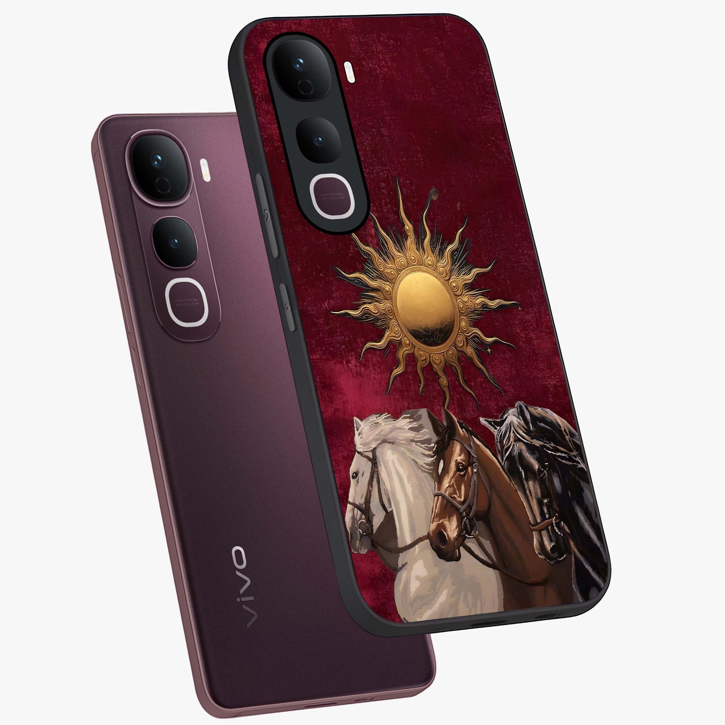 Solar Riders Glass Case displayed in angled mockup highlighting powerful rider illustration with radiant solar aesthetic.