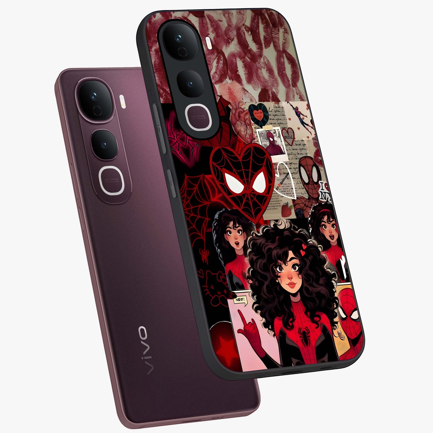 Spider Love Story Glass Case displayed in angled mockup highlighting expressive comic inspired design with playful aesthetic.