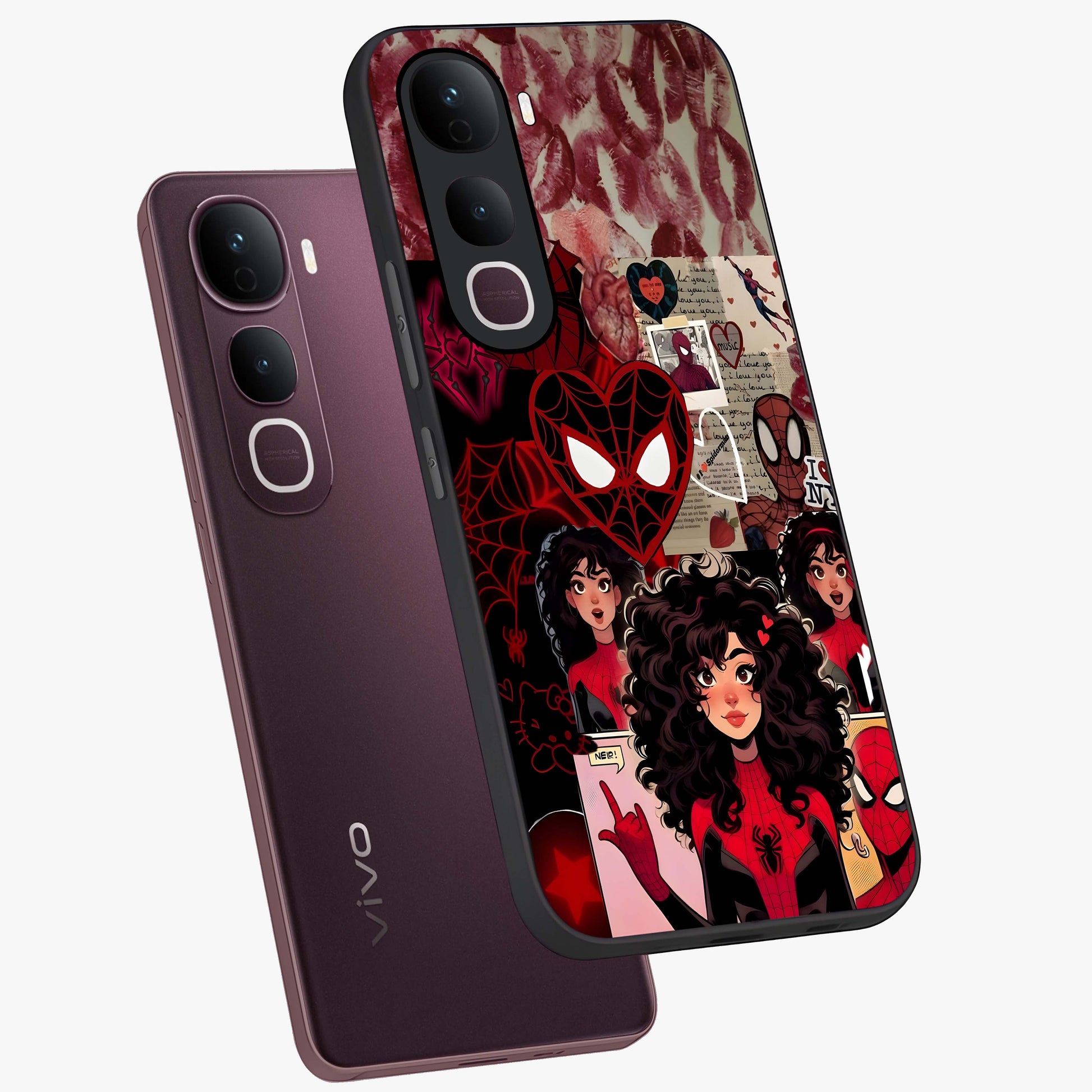 Spider Love Story Glass Case displayed in angled mockup highlighting expressive comic inspired design with playful aesthetic.