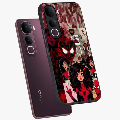 Spider Love Story Glass Case displayed in angled mockup highlighting expressive comic inspired design with playful aesthetic.