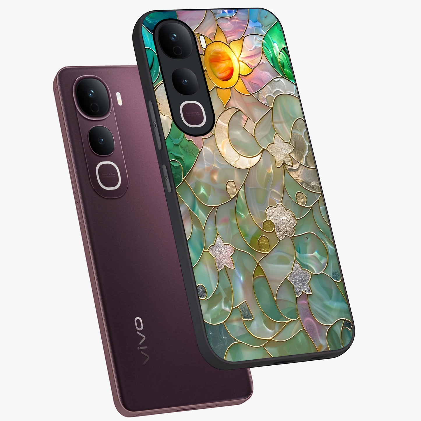 Stained Sunrise Glow Glass Case displayed in angled mockup highlighting radiant sunrise design with artistic aesthetic style.