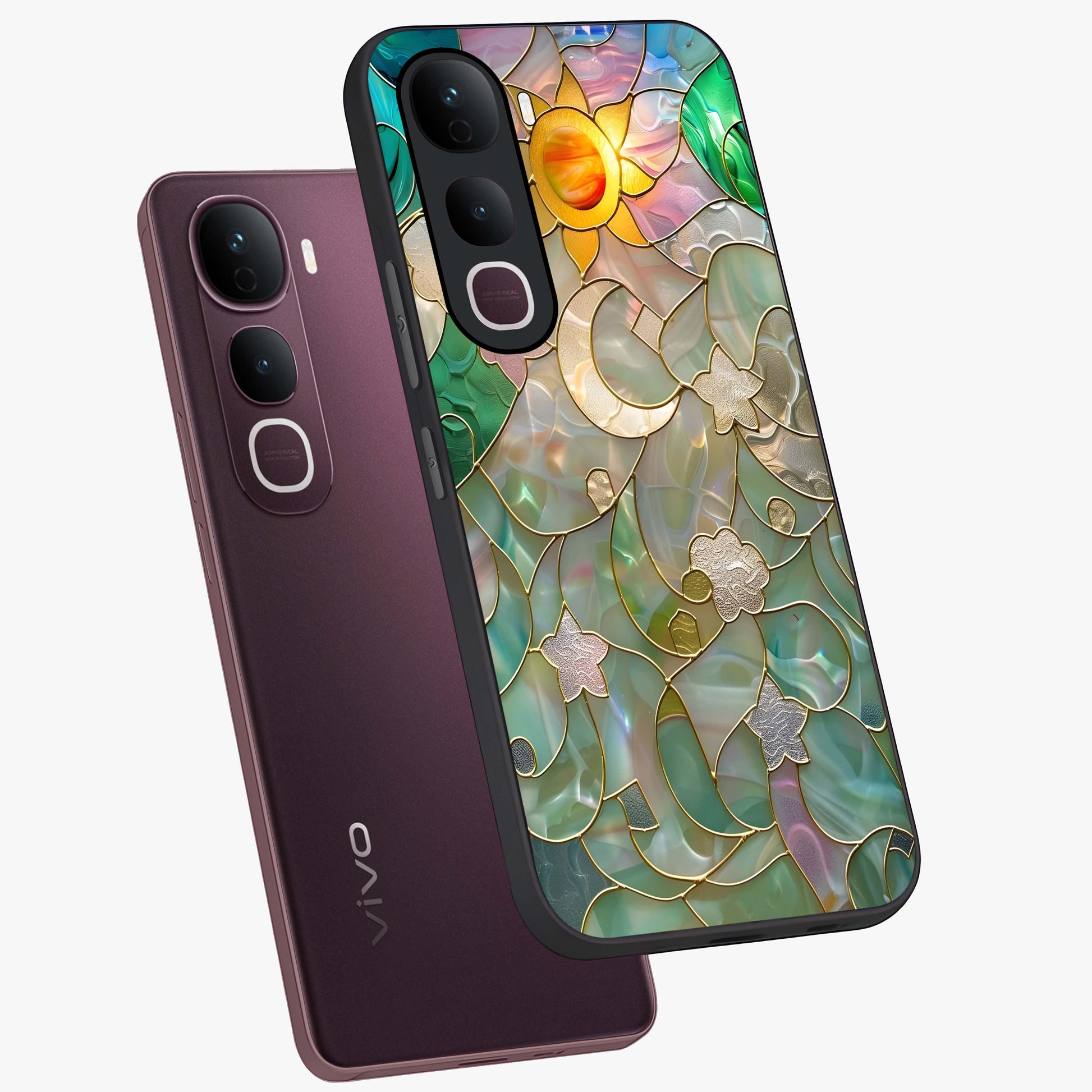Stained Sunrise Glow Glass Case displayed in angled mockup highlighting radiant sunrise design with artistic aesthetic style.