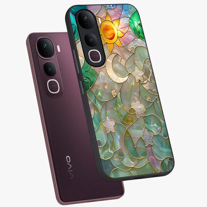 Stained Sunrise Glow Glass Case displayed in angled mockup highlighting radiant sunrise design with artistic aesthetic style.