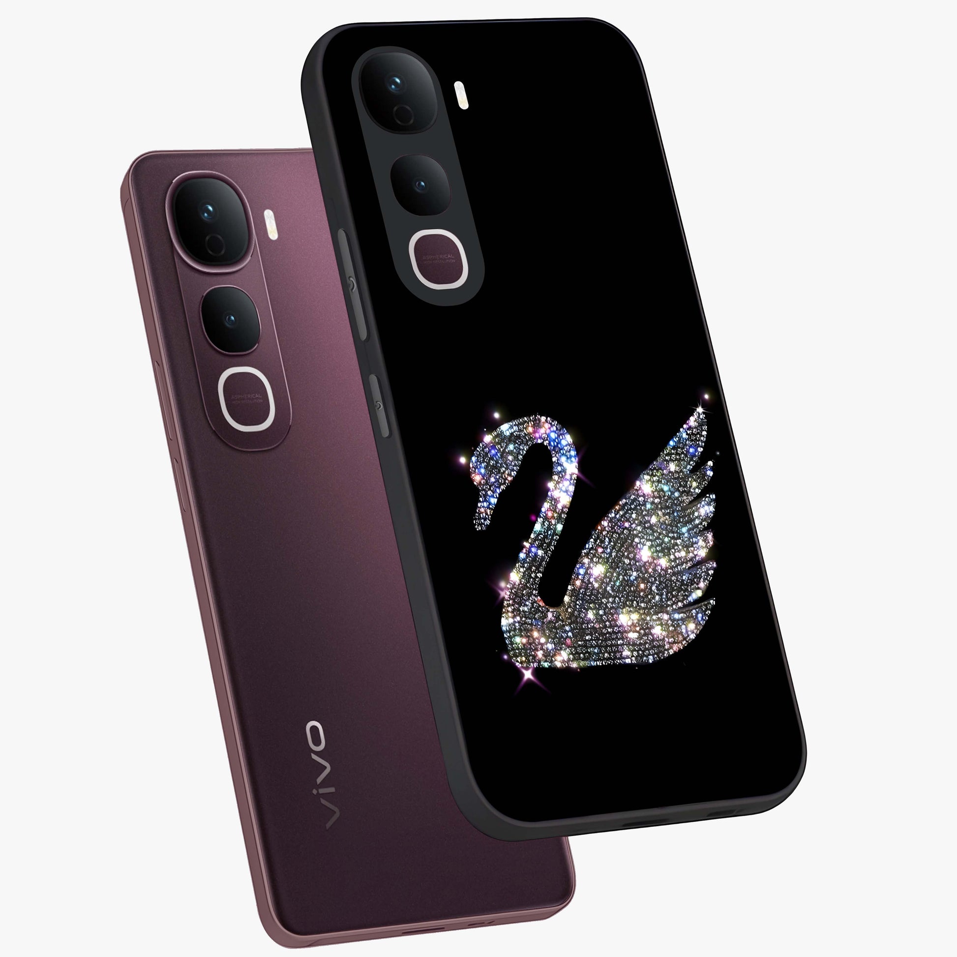 Starlit Swan Grace Glass Case displayed in angled mockup highlighting elegant swan illustration with dreamy celestial aesthetic.
