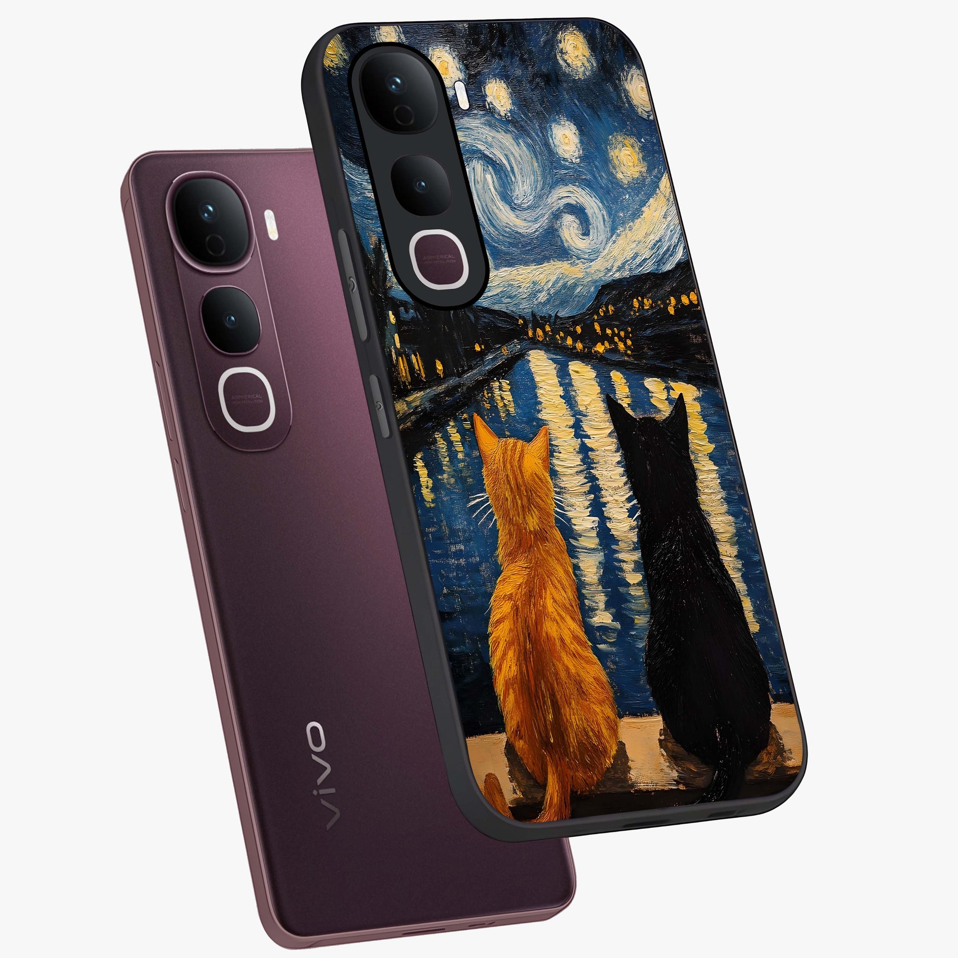 Starry River Cats Glass Case displayed in angled mockup highlighting charming feline illustration with dreamy night aesthetic.
