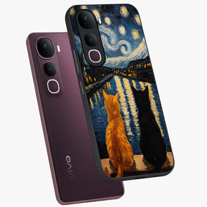 Starry River Cats Glass Case displayed in angled mockup highlighting charming feline illustration with dreamy night aesthetic.
