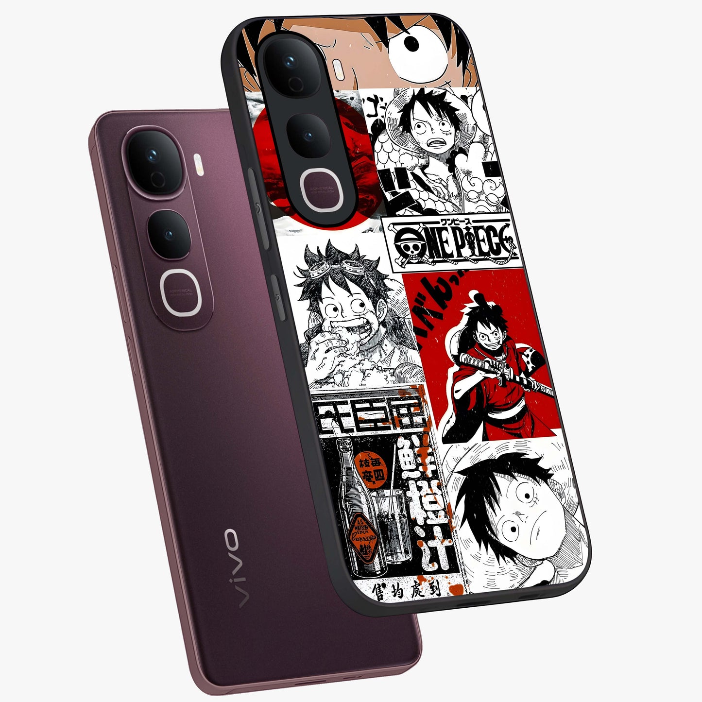 Strawhat Chaos Panels Glass Case displayed in angled mockup highlighting vibrant anime collage design with action aesthetic.