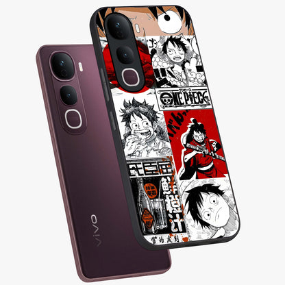 Strawhat Chaos Panels Glass Case displayed in angled mockup highlighting vibrant anime collage design with action aesthetic.